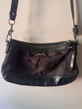 Coach Black Signature Canvas Shoulder Bag with Patent Leather Trim